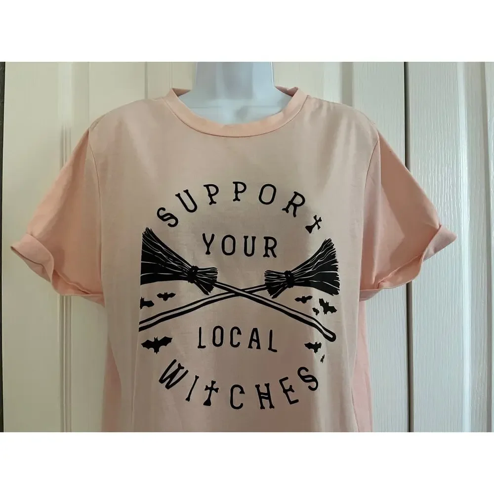 Women’s “Support Your Local Witches” Graphic T-Shirt Halloween Broom Bats M